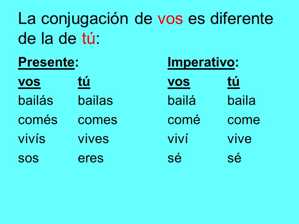 La conjugación de vos es diferente de la de tú: