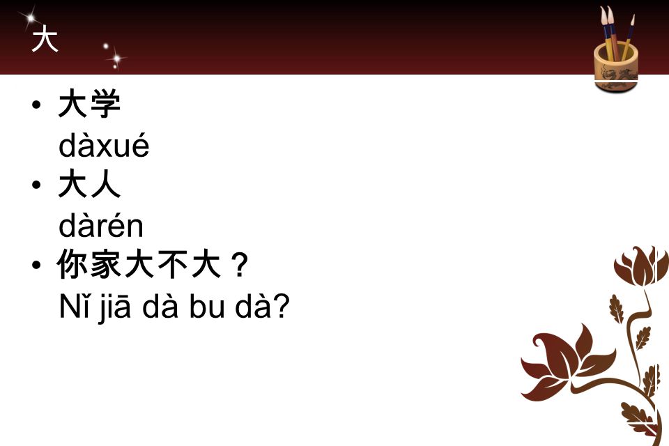 大 大学 dàxué 大人 dàrén 你家大不大？ Nǐ jiā dà bu dà