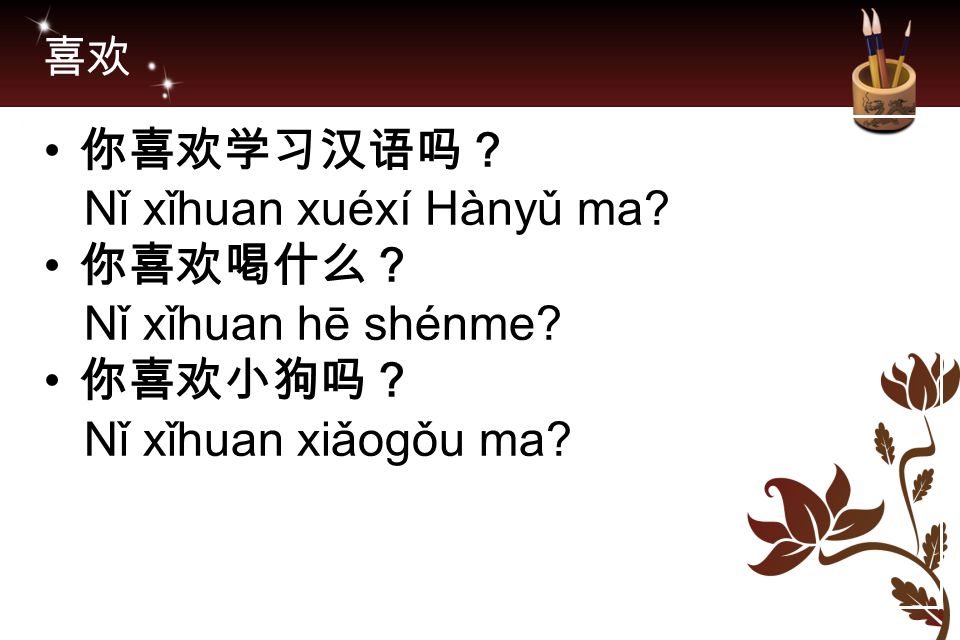 Nǐ xǐhuan xuéxí Hànyǔ ma 你喜欢喝什么？ Nǐ xǐhuan hē shénme 你喜欢小狗吗？