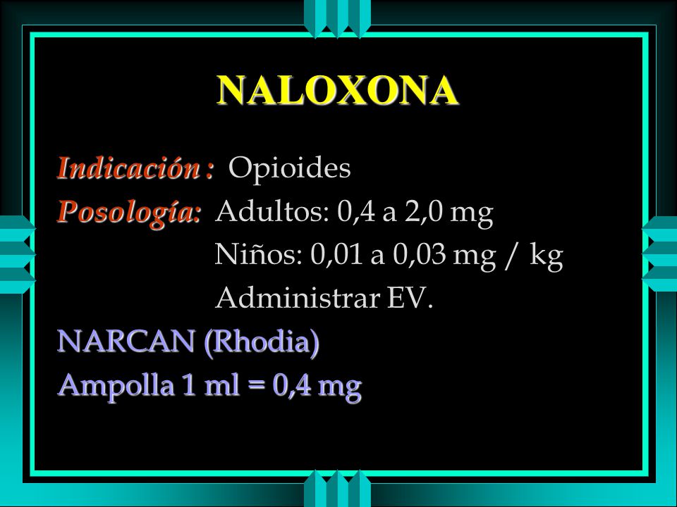 NALOXONA Indicación : Opioides Posología: Adultos: 0,4 a 2,0 mg