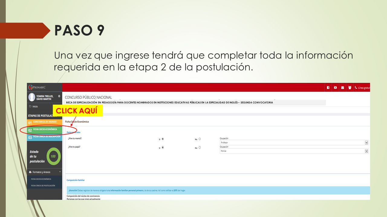 PASO 9 Una vez que ingrese tendrá que completar toda la información requerida en la etapa 2 de la postulación.