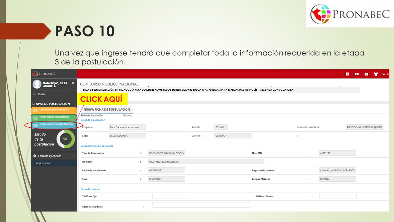 PASO 10 Una vez que ingrese tendrá que completar toda la información requerida en la etapa 3 de la postulación.