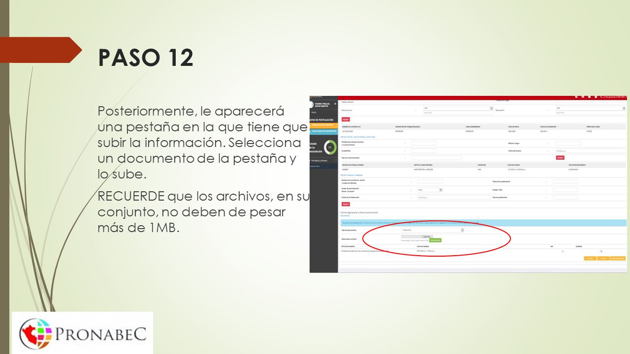 PASO 12 Posteriormente, le aparecerá una pestaña en la que tiene que subir la información. Selecciona un documento de la pestaña y lo sube.