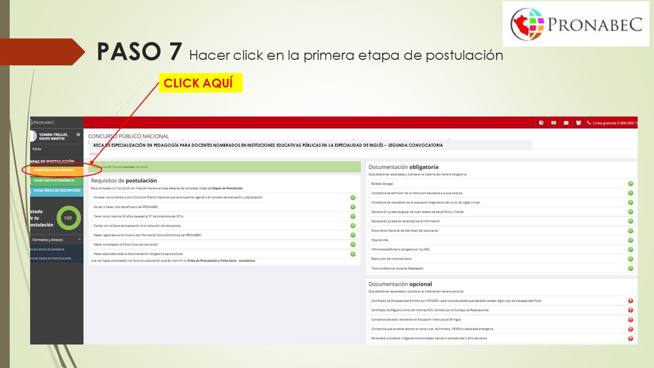 PASO 7 Hacer click en la primera etapa de postulación