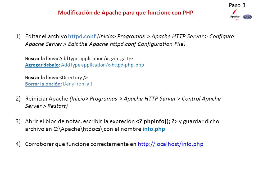 Paso 3 Modificación de Apache para que funcione con PHP.
