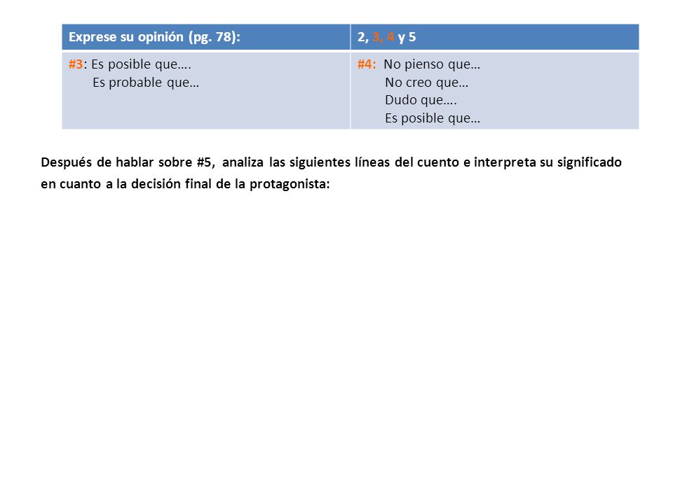 Después de hablar sobre #5, analiza las siguientes líneas del cuento e interpreta su significado en cuanto a la decisión final de la protagonista: