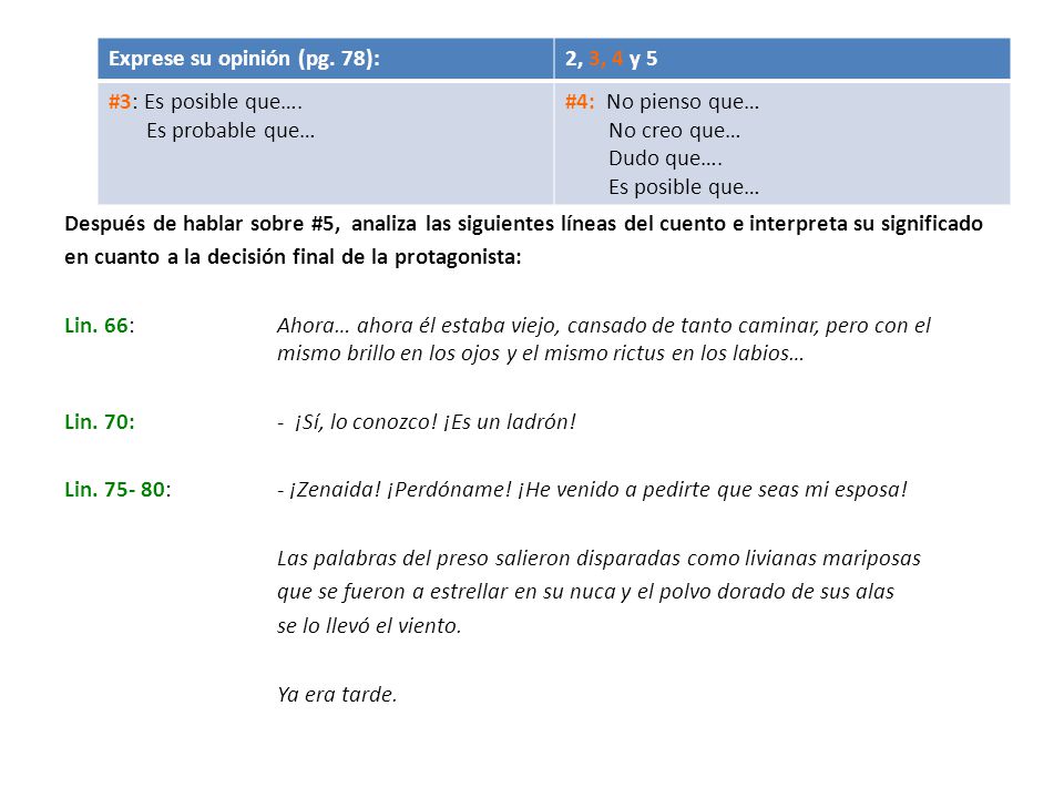Después de hablar sobre #5, analiza las siguientes líneas del cuento e interpreta su significado en cuanto a la decisión final de la protagonista: Lin. 66: Ahora… ahora él estaba viejo, cansado de tanto caminar, pero con el mismo brillo en los ojos y el mismo rictus en los labios… Lin. 70: - ¡Sí, lo conozco! ¡Es un ladrón! Lin : - ¡Zenaida! ¡Perdóname! ¡He venido a pedirte que seas mi esposa! Las palabras del preso salieron disparadas como livianas mariposas que se fueron a estrellar en su nuca y el polvo dorado de sus alas se lo llevó el viento. Ya era tarde.
