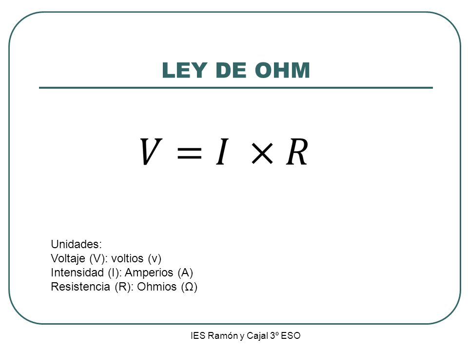 LEY DE OHM Unidades: Voltaje (V): voltios (v)