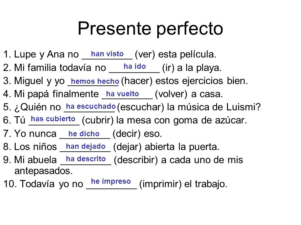Presente perfecto 1. Lupe y Ana no _________ (ver) esta película.