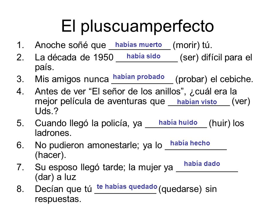 El pluscuamperfecto Anoche soñé que ____________ (morir) tú.
