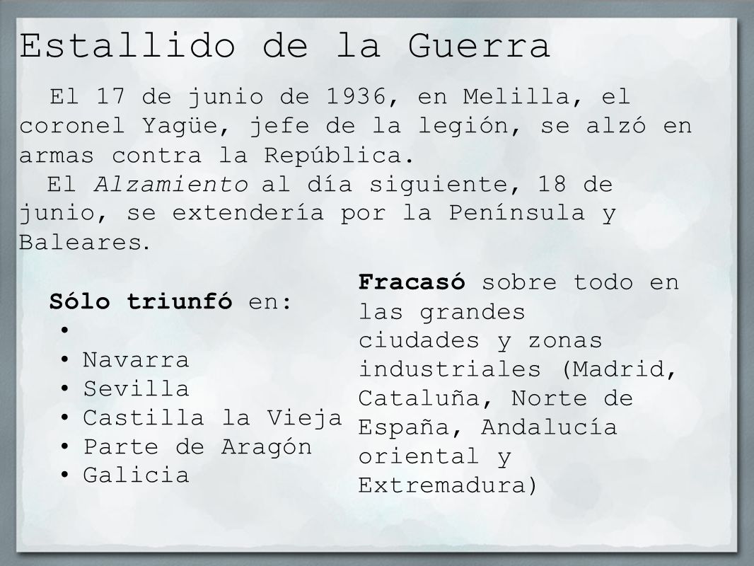Estallido de la Guerra El 17 de junio de 1936, en Melilla, el coronel Yagüe, jefe de la legión, se alzó en armas contra la República.
