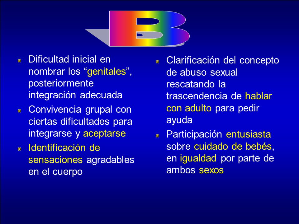 B Dificultad inicial en nombrar los genitales , posteriormente integración adecuada.