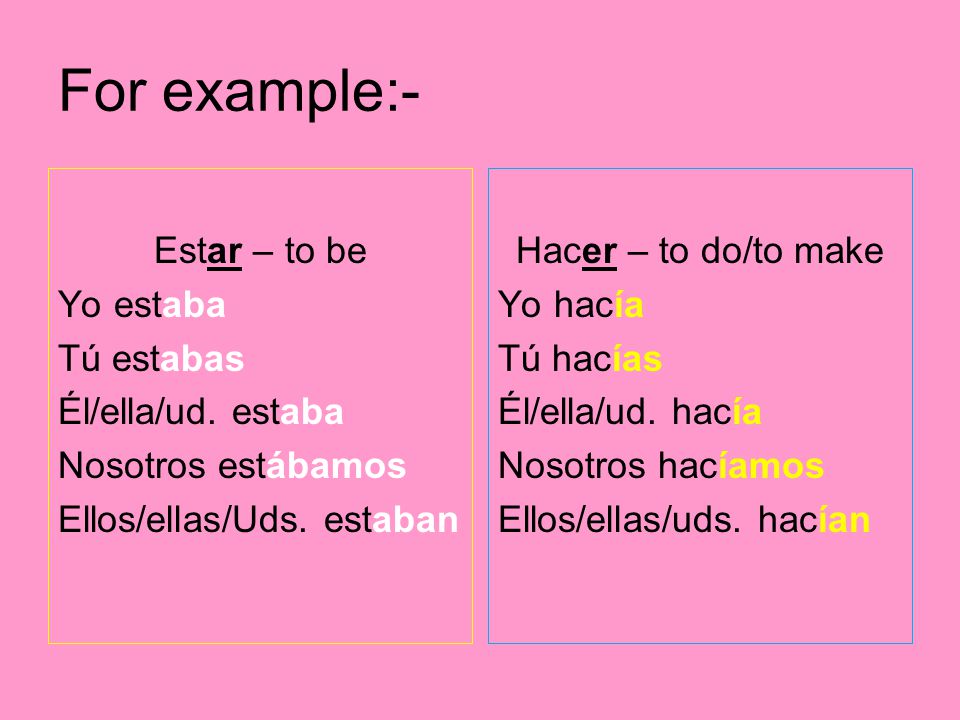 For example:- Estar – to be Yo estaba Tú estabas Él/ella/ud. estaba Nosotros estábamos Ellos/ellas/Uds. estaban