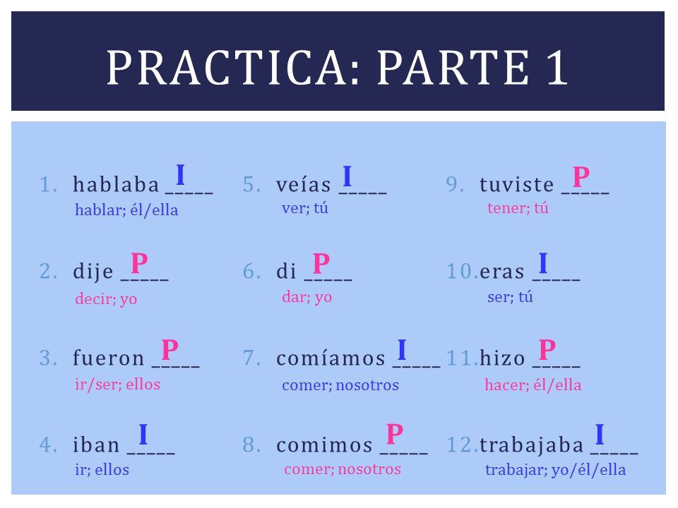 Practica: parte 1 I I P P P I P I P I P I hablaba _____ veías _____