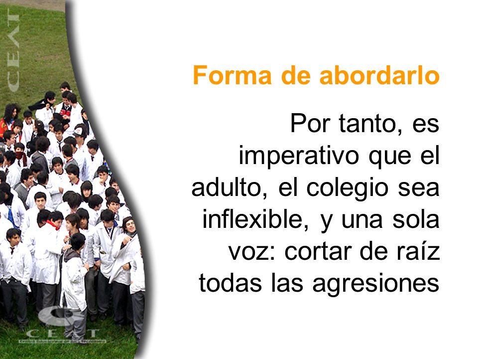 Forma de abordarlo Por tanto, es imperativo que el adulto, el colegio sea inflexible, y una sola voz: cortar de raíz todas las agresiones.