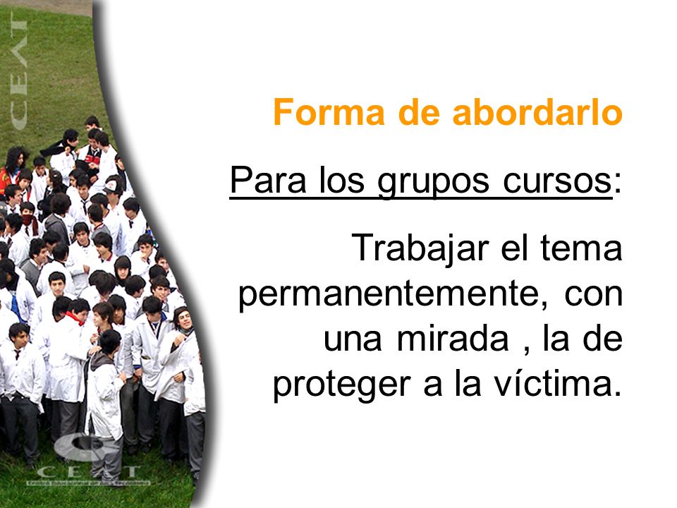 Forma de abordarlo Para los grupos cursos: Trabajar el tema permanentemente, con una mirada , la de proteger a la víctima.