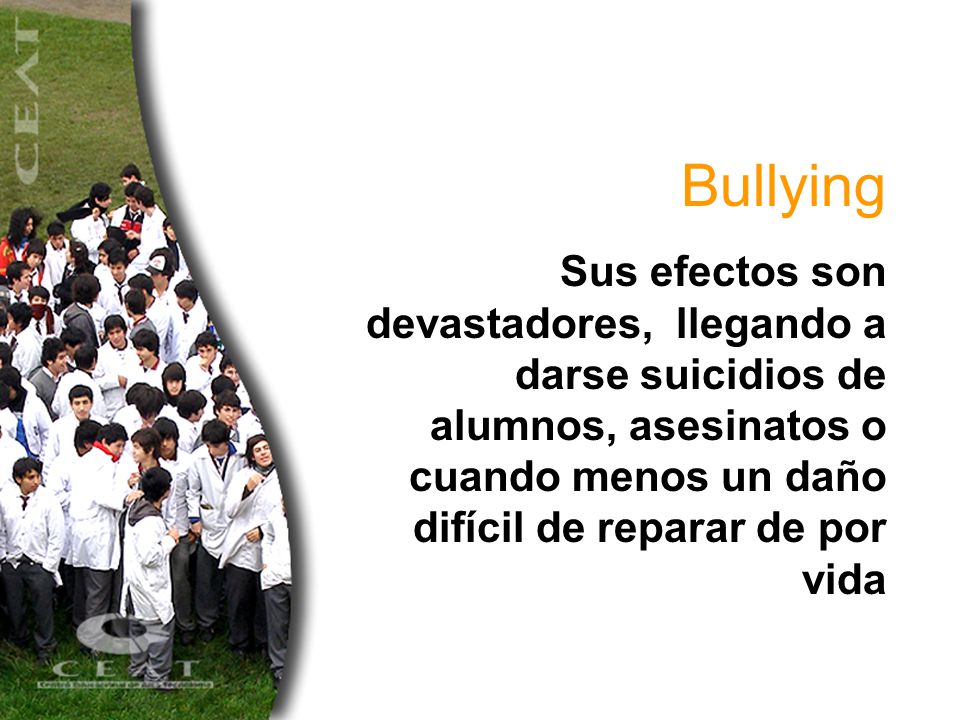 Bullying Sus efectos son devastadores, llegando a darse suicidios de alumnos, asesinatos o cuando menos un daño difícil de reparar de por vida.
