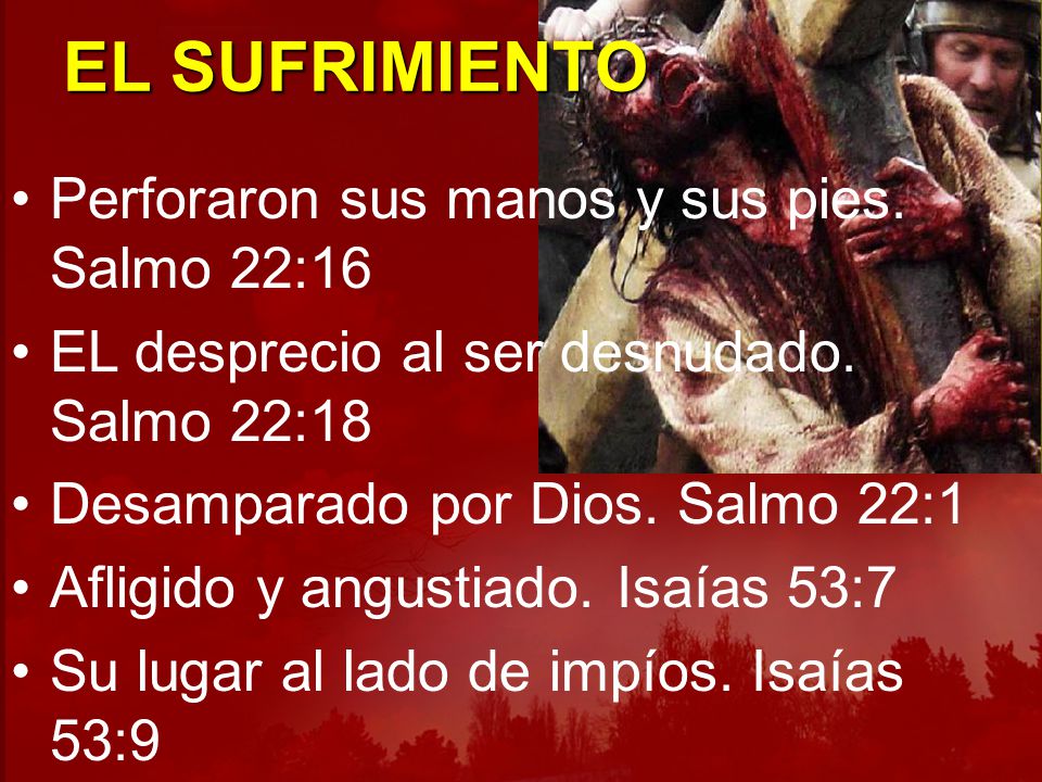 EL SUFRIMIENTO Perforaron sus manos y sus pies. Salmo 22:16