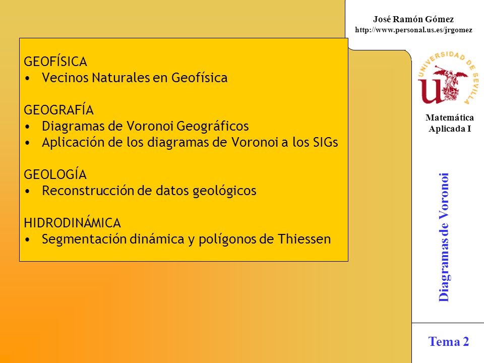 GEOFÍSICA Vecinos Naturales en Geofísica. GEOGRAFÍA. Diagramas de Voronoi Geográficos. Aplicación de los diagramas de Voronoi a los SIGs.