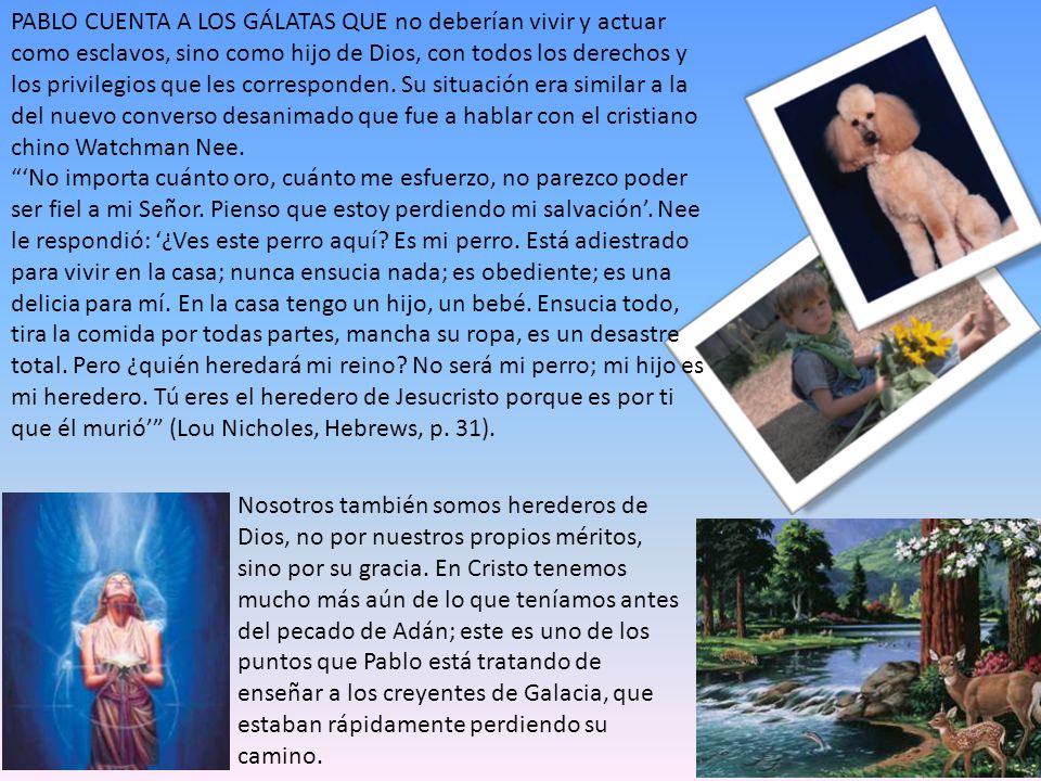 PABLO CUENTA A LOS GÁLATAS QUE no deberían vivir y actuar como esclavos, sino como hijo de Dios, con todos los derechos y los privilegios que les corresponden. Su situación era similar a la del nuevo converso desanimado que fue a hablar con el cristiano chino Watchman Nee.