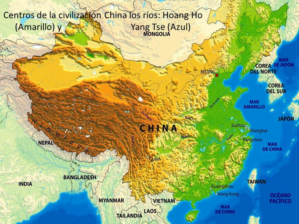 Centros de la civilización China los ríos: Hoang Ho (Amarillo) y Yang Tse (Azul)