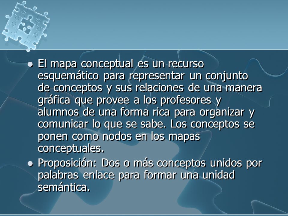 El mapa conceptual es un recurso esquemático para representar un conjunto de conceptos y sus relaciones de una manera gráfica que provee a los profesores y alumnos de una forma rica para organizar y comunicar lo que se sabe. Los conceptos se ponen como nodos en los mapas conceptuales.