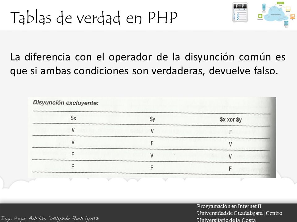 Tablas de verdad en PHP La diferencia con el operador de la disyunción común es que si ambas condiciones son verdaderas, devuelve falso.