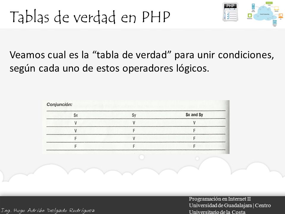 Tablas de verdad en PHP Veamos cual es la tabla de verdad para unir condiciones, según cada uno de estos operadores lógicos.