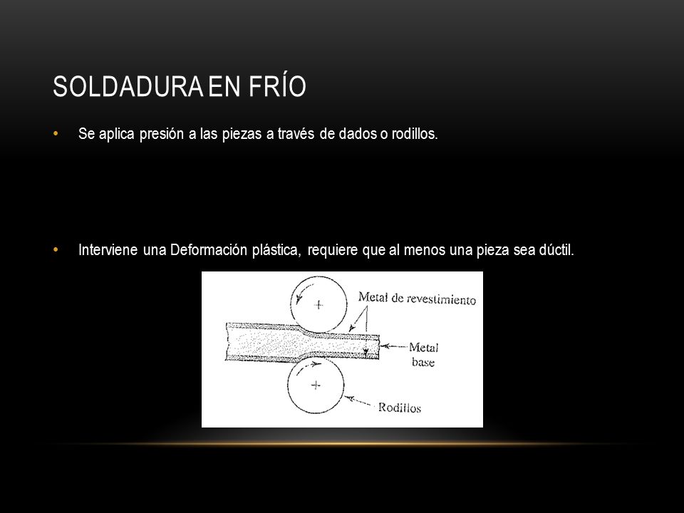 Soldadura en Frío Se aplica presión a las piezas a través de dados o rodillos.