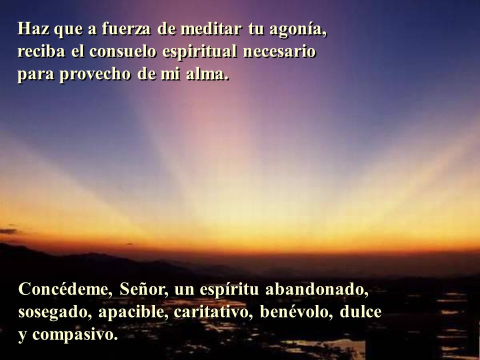 Haz que a fuerza de meditar tu agonía, reciba el consuelo espiritual necesario para provecho de mi alma.