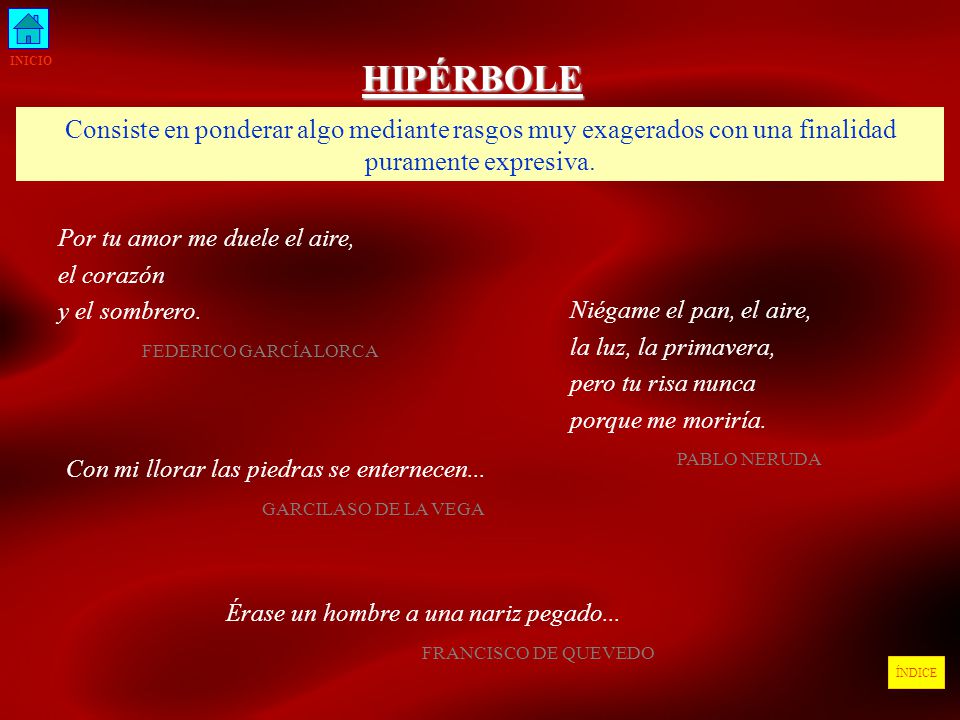 INICIO HIPÉRBOLE. Consiste en ponderar algo mediante rasgos muy exagerados con una finalidad puramente expresiva.