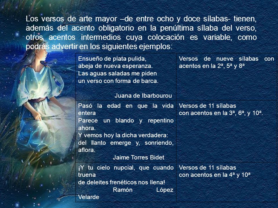 Los versos de arte mayor –de entre ocho y doce sílabas- tienen, además del acento obligatorio en la penúltima sílaba del verso, otros acentos intermedios cuya colocación es variable, como podrás advertir en los siguientes ejemplos: