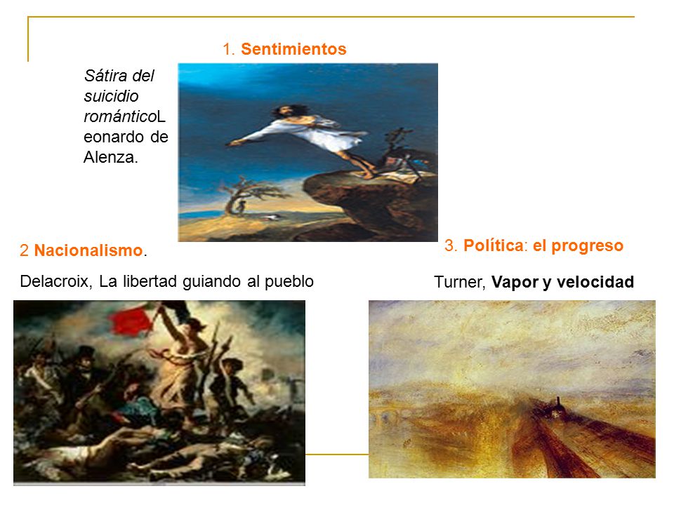 1. Sentimientos Sátira del suicidio románticoLeonardo de Alenza. 3. Política: el progreso. 2 Nacionalismo.