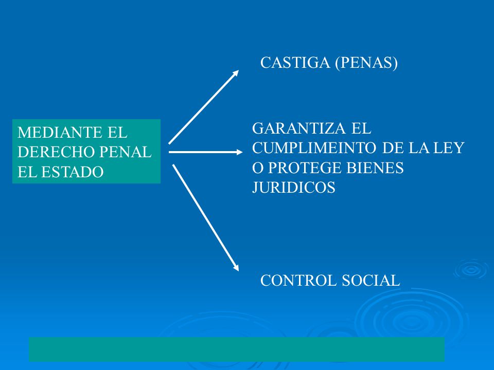 CASTIGA (PENAS) GARANTIZA EL CUMPLIMEINTO DE LA LEY O PROTEGE BIENES JURIDICOS. MEDIANTE EL DERECHO PENAL EL ESTADO.