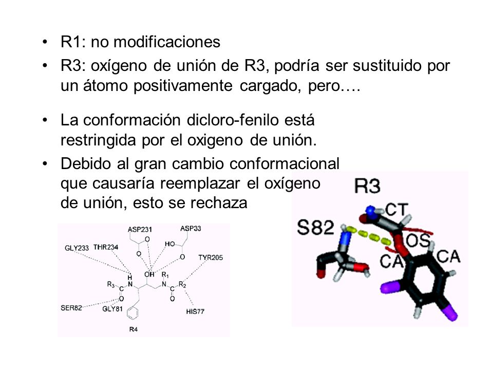 R1: no modificaciones R3: oxígeno de unión de R3, podría ser sustituido por un átomo positivamente cargado, pero….