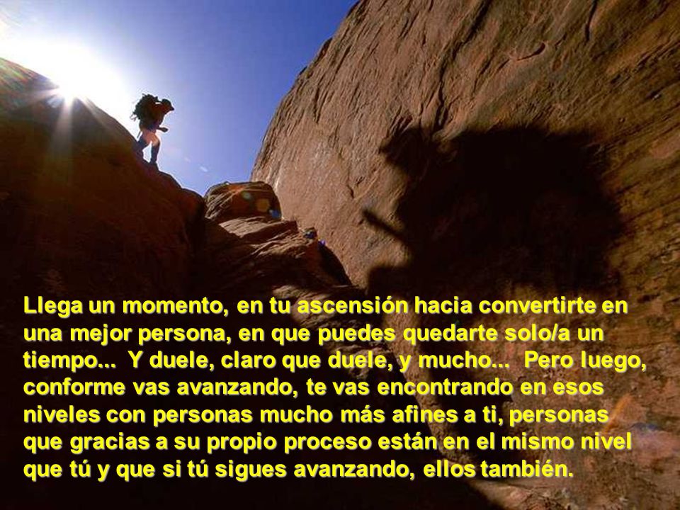Llega un momento, en tu ascensión hacia convertirte en una mejor persona, en que puedes quedarte solo/a un tiempo... Y duele, claro que duele, y mucho... Pero luego, conforme vas avanzando, te vas encontrando en esos niveles con personas mucho más afines a ti, personas que gracias a su propio proceso están en el mismo nivel que tú y que si tú sigues avanzando, ellos también.