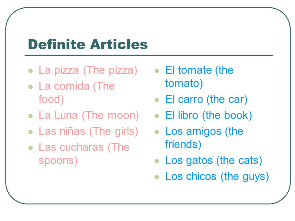 Definite Articles La pizza (The pizza) La comida (The food)