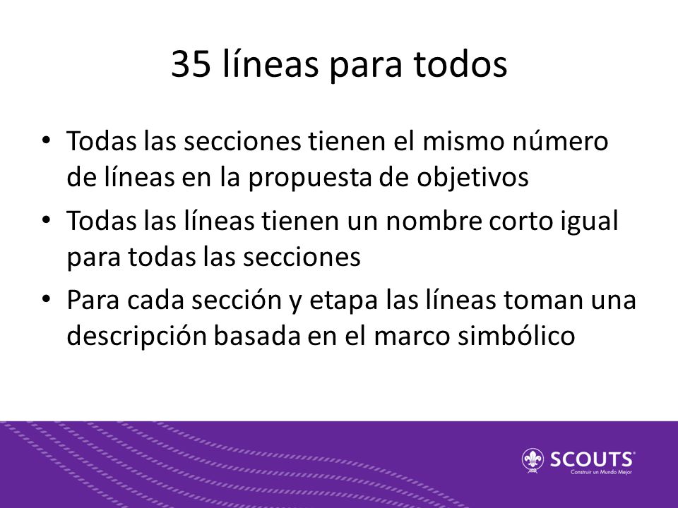 35 líneas para todos Todas las secciones tienen el mismo número de líneas en la propuesta de objetivos.