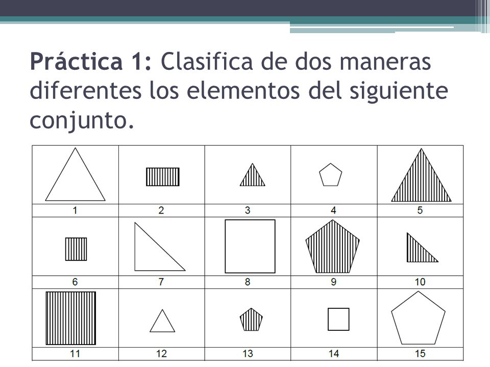 Práctica 1: Clasifica de dos maneras diferentes los elementos del siguiente conjunto.