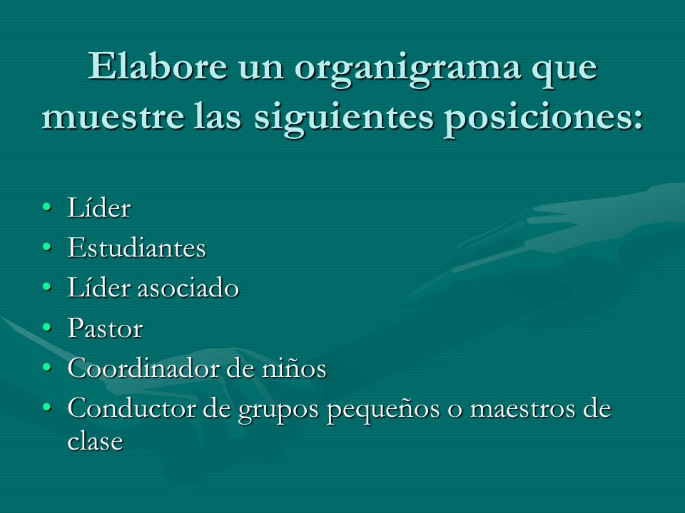Elabore un organigrama que muestre las siguientes posiciones: