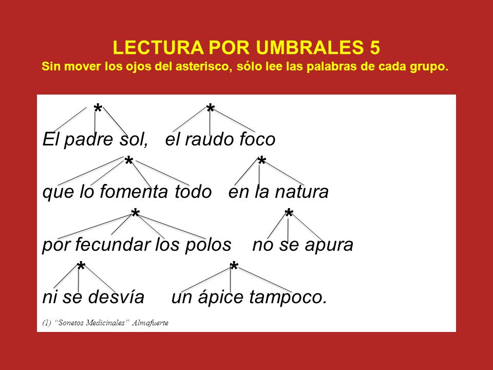 LECTURA POR UMBRALES 5 Sin mover los ojos del asterisco, sólo lee las palabras de cada grupo.