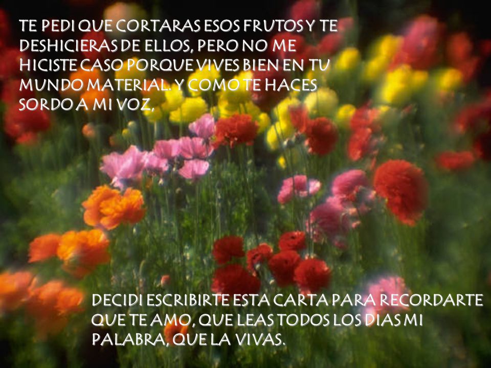 TE PEDI QUE CORTARAS ESOS FRUTOS Y TE DESHICIERAS DE ELLOS, PERO NO ME HICISTE CASO PORQUE VIVES BIEN EN TU MUNDO MATERIAL. Y COMO TE HACES SORDO A MI VOZ,