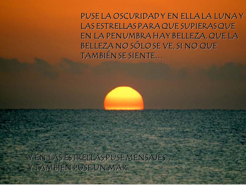PUSE LA OSCURIDAD Y EN ELLA LA LUNA Y LAS ESTRELLAS PARA QUE SUPIERAS QUE EN LA PENUMBRA HAY BELLEZA, QUE LA BELLEZA NO SÓLO SE VE, SI NO QUE TAMBIÉN SE SIENTE…