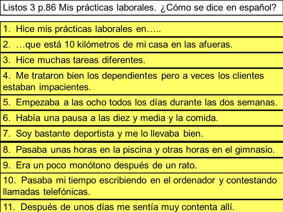 Listos 3 p.86 Mis prácticas laborales. ¿Cómo se dice en español