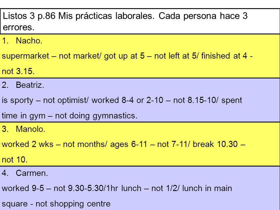 Listos 3 p.86 Mis prácticas laborales. Cada persona hace 3 errores.