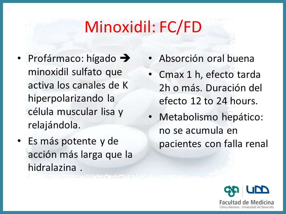 Minoxidil: FC/FD Profármaco: hígado  minoxidil sulfato que activa los canales de K hiperpolarizando la célula muscular lisa y relajándola.