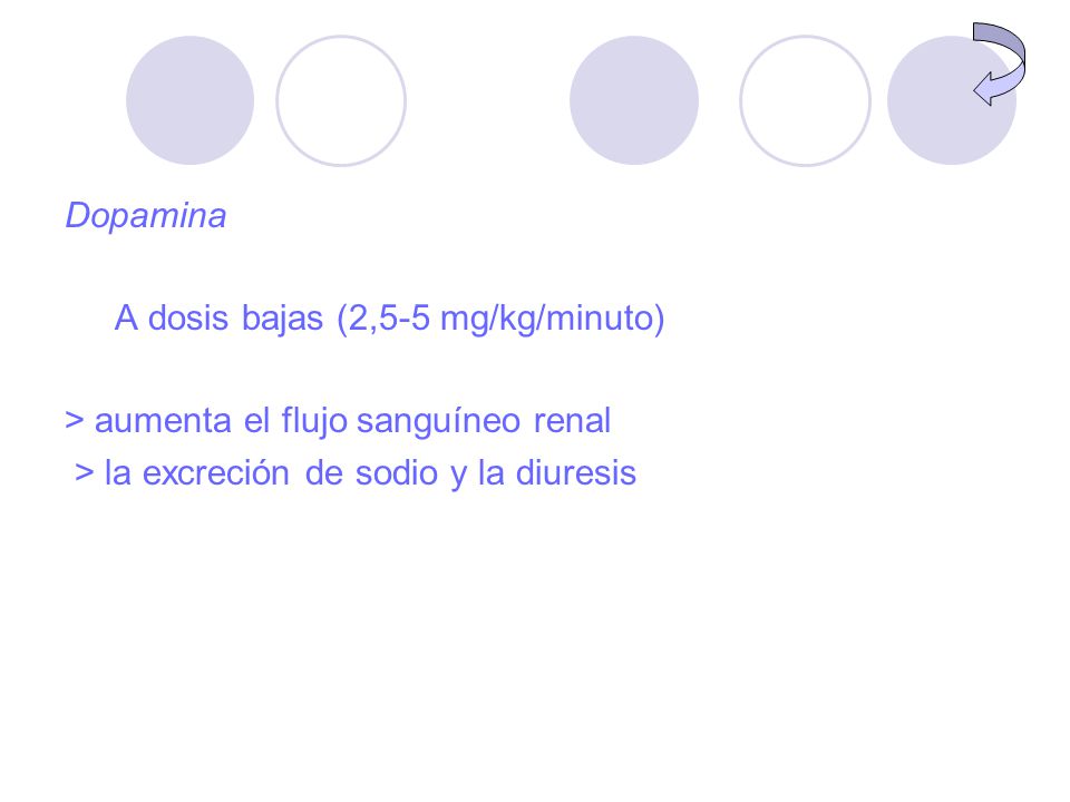 Dopamina A dosis bajas (2,5-5 mg/kg/minuto) > aumenta el flujo sanguíneo renal.