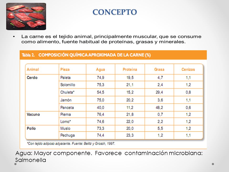 CONCEPTO Agua: Mayor componente. Favorece contaminación microbiana: Salmonella