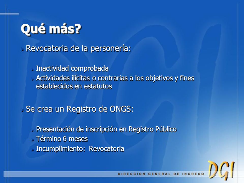 Qué más Revocatoria de la personería: Se crea un Registro de ONGS: