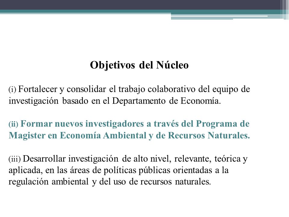 Objetivos del Núcleo Fortalecer y consolidar el trabajo colaborativo del equipo de investigación basado en el Departamento de Economía.